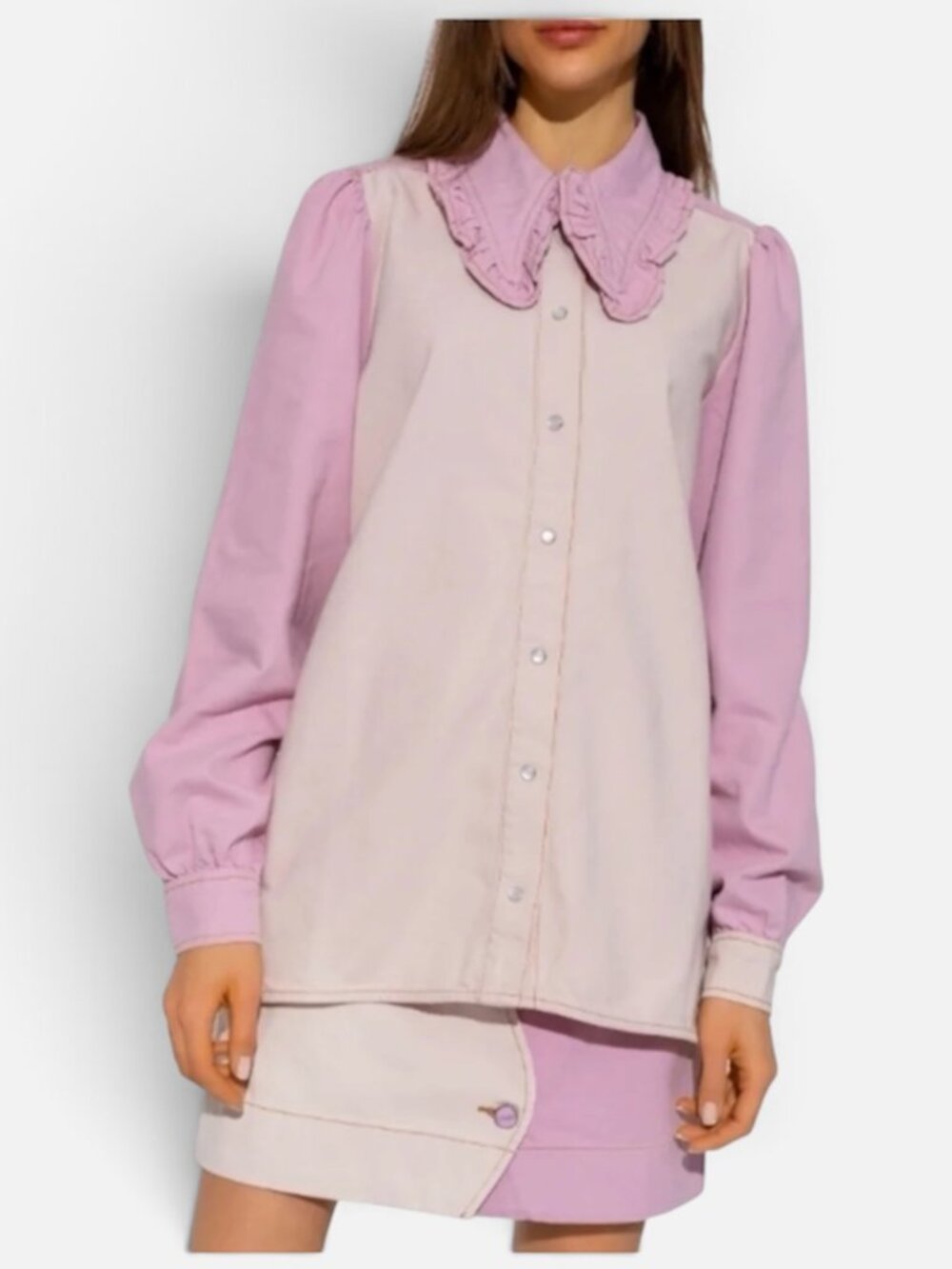 Ganni Ruffled Two-Tone Organic Denim Shirt